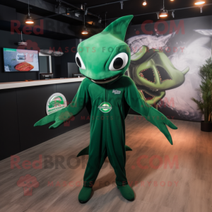Forest Green Manta Ray mascot costume character dressed with a Jumpsuit and Lapel pins
