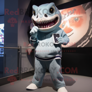 nan Megalodon mascot costume character dressed with a Sweatshirt and Clutch bags
