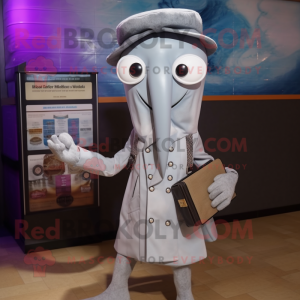 Silver Squid mascot costume character dressed with a Dress Shirt and Wallets