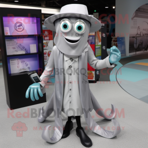 Silver Squid mascot costume character dressed with a Dress Shirt and Wallets