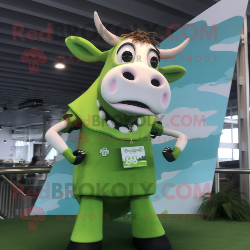 Lime Green Guernsey Cow mascot costume character dressed with a Bikini and Hair clips