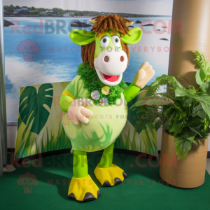 Lime Green Guernsey Cow mascot costume character dressed with a Bikini and Hair clips