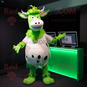 Lime Green Guernsey Cow mascot costume character dressed with a Bikini and Hair clips