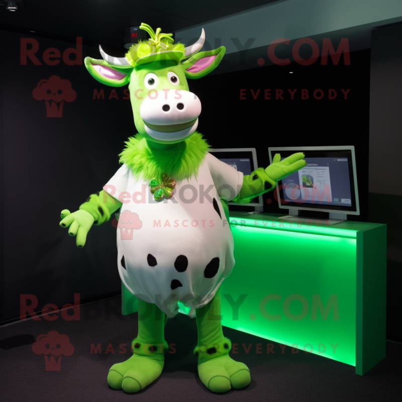 Lime Green Guernsey Cow mascot costume character dressed with a Bikini and Hair clips