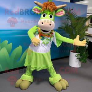 Lime Green Guernsey Cow mascot costume character dressed with a Bikini and Hair clips