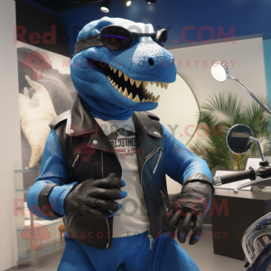 Blue Tyrannosaurus mascot costume character dressed with a Biker Jacket and Sunglasses
