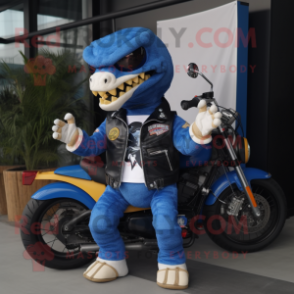 Blue Tyrannosaurus mascot costume character dressed with a Biker Jacket and Sunglasses