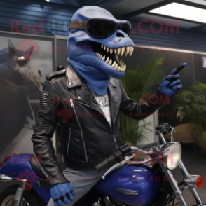 Blue Tyrannosaurus mascot costume character dressed with a Biker Jacket and Sunglasses