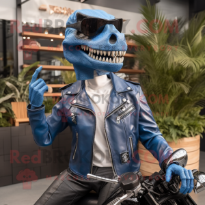 Blue Tyrannosaurus mascot costume character dressed with a Biker Jacket and Sunglasses