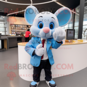 Sky Blue Mouse mascot costume character dressed with a Blazer and Smartwatches