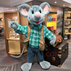 Teal Rat mascot costume character dressed with a Flannel Shirt and Briefcases
