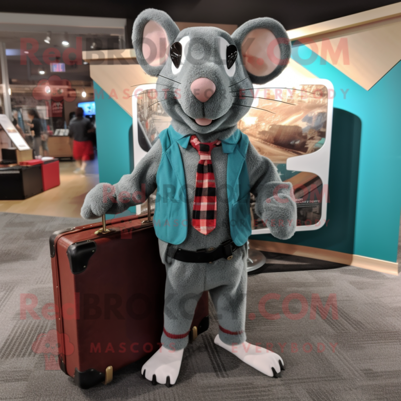 Teal Rat mascot costume character dressed with a Flannel Shirt and Briefcases