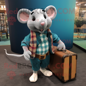 Teal Rat mascot costume character dressed with a Flannel Shirt and Briefcases