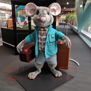 Teal Rat mascot costume character dressed with a Flannel Shirt and Briefcases