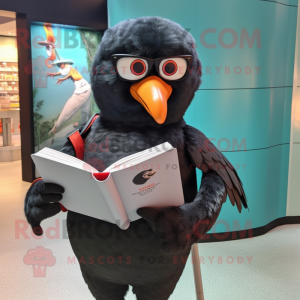 Black Pigeon mascot costume character dressed with a Rash Guard and Reading glasses