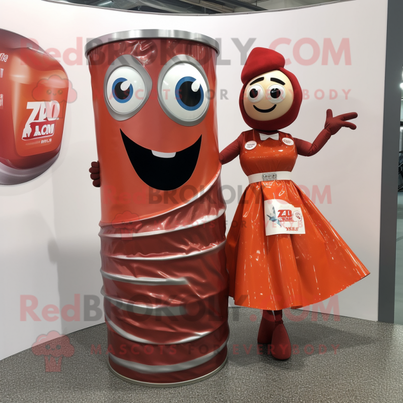 Rust Soda Can mascot costume character dressed with a Wrap Skirt and Watches