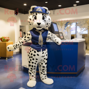 Navy Leopard mascot costume character dressed with a Skirt and Shawls