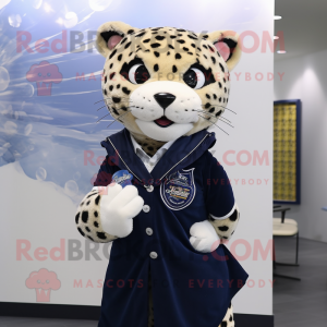 Navy Leopard mascot costume character dressed with a Skirt and Shawls