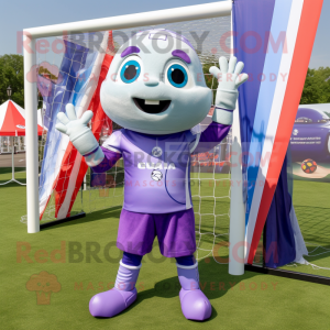 Lavender Soccer Goal mascot costume character dressed with a Flare Jeans and Wraps