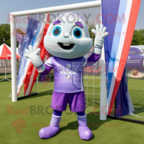 Lavender Soccer Goal mascot costume character dressed with a Flare Jeans and Wraps