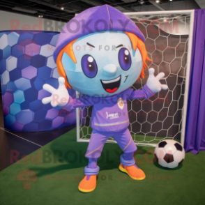 Lavender Soccer Goal mascot costume character dressed with a Flare Jeans and Wraps