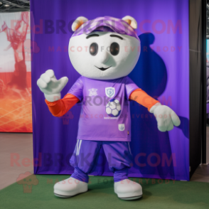 Lavender Soccer Goal mascot costume character dressed with a Flare Jeans and Wraps