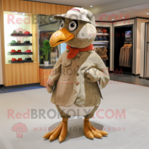 Tan Pigeon mascot costume character dressed with a Dress Pants and Beanies