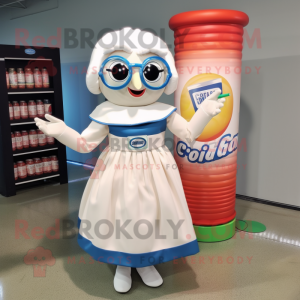 Cream Soda Can mascot costume character dressed with a A-Line Skirt and Reading glasses