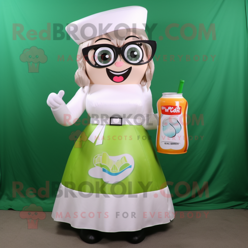 Cream Soda Can mascot costume character dressed with a A-Line Skirt and Reading glasses