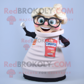 Cream Soda Can mascot costume character dressed with a A-Line Skirt and Reading glasses