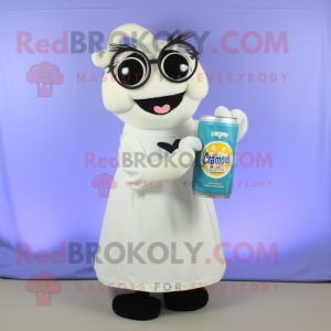 Cream Soda Can mascot costume character dressed with a A-Line Skirt and Reading glasses