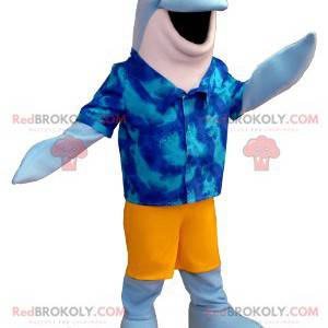Blaues und weißes Delphinmaskottchen mit einem Hawaiihemd -