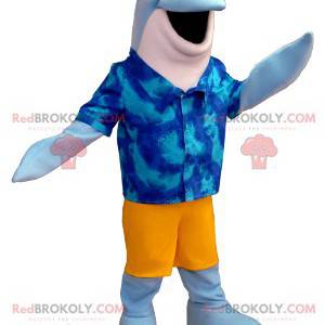 Mascotte delfino blu e bianco con una camicia hawaiana -