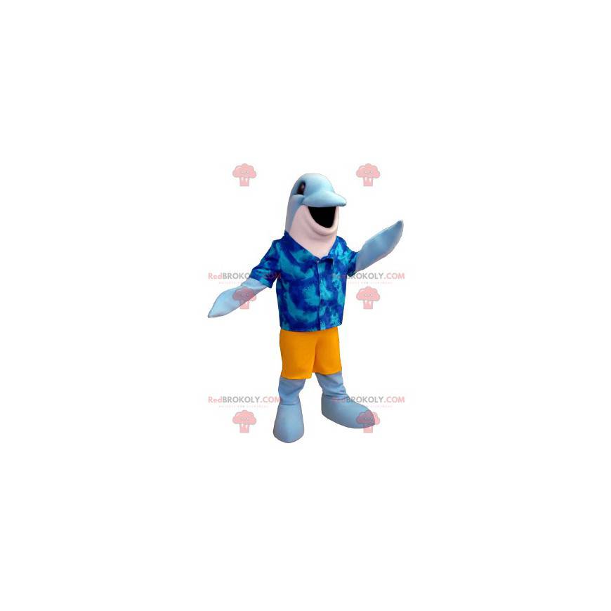 Blå og hvid delfin maskot med en hawaiisk skjorte -