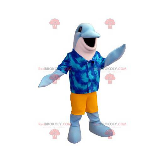 Blå och vit delfinmaskot med en hawaiisk skjorta -