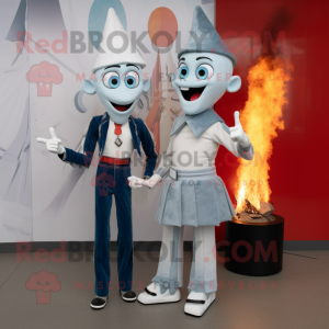 Silver Fire Eater mascot costume character dressed with a Boyfriend Jeans and Clutch bags