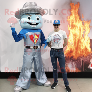 Silver Fire Eater mascot costume character dressed with a Boyfriend Jeans and Clutch bags