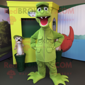 Lime Green Loch Ness Monster mascot costume character dressed with a Cargo Pants and Hats