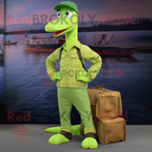 Lime Green Loch Ness Monster mascot costume character dressed with a Cargo Pants and Hats