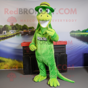 Lime Green Loch Ness Monster mascot costume character dressed with a Cargo Pants and Hats