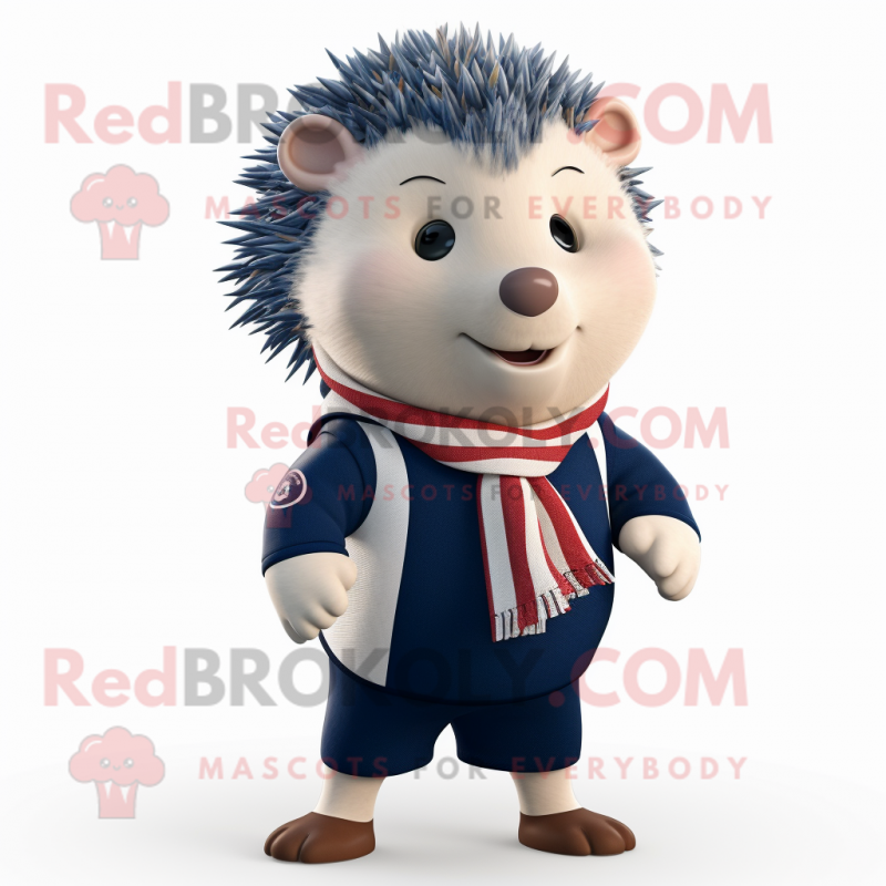 Navy Hedgehog mascot costume character dressed with a Chinos and Scarves Navy Hedgehog mascot costume character dressed with a Chinos and Scarves