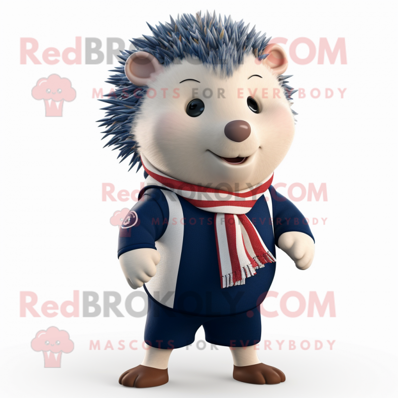 Navy Hedgehog mascot costume character dressed with a Chinos and Scarves