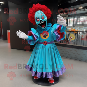 Cyan Evil Clown mascot costume character dressed with a Circle Skirt and Keychains