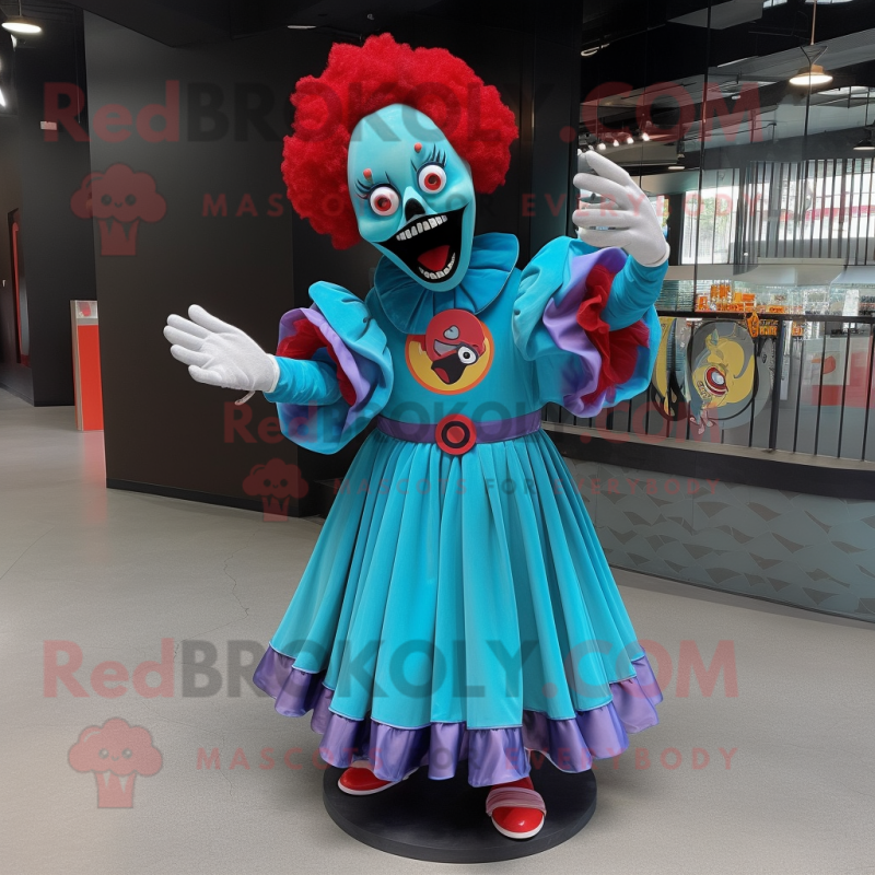 Cyan Evil Clown mascot costume character dressed with a Circle Skirt and Keychains Cyan Evil Clown mascot costume character dressed with a Circle Skirt and Keychains