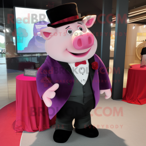 Magenta Pig mascot costume character dressed with a Tuxedo and Shoe laces