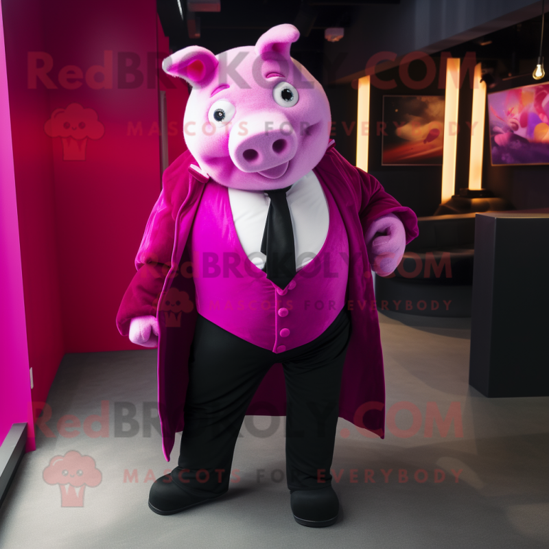 Magenta Pig mascot costume character dressed with a Tuxedo and Shoe laces