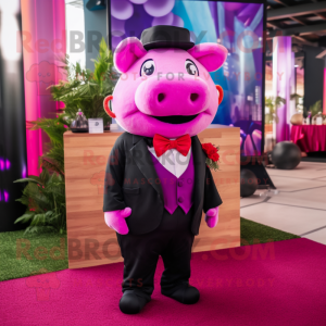 Magenta Pig mascot costume character dressed with a Tuxedo and Shoe laces