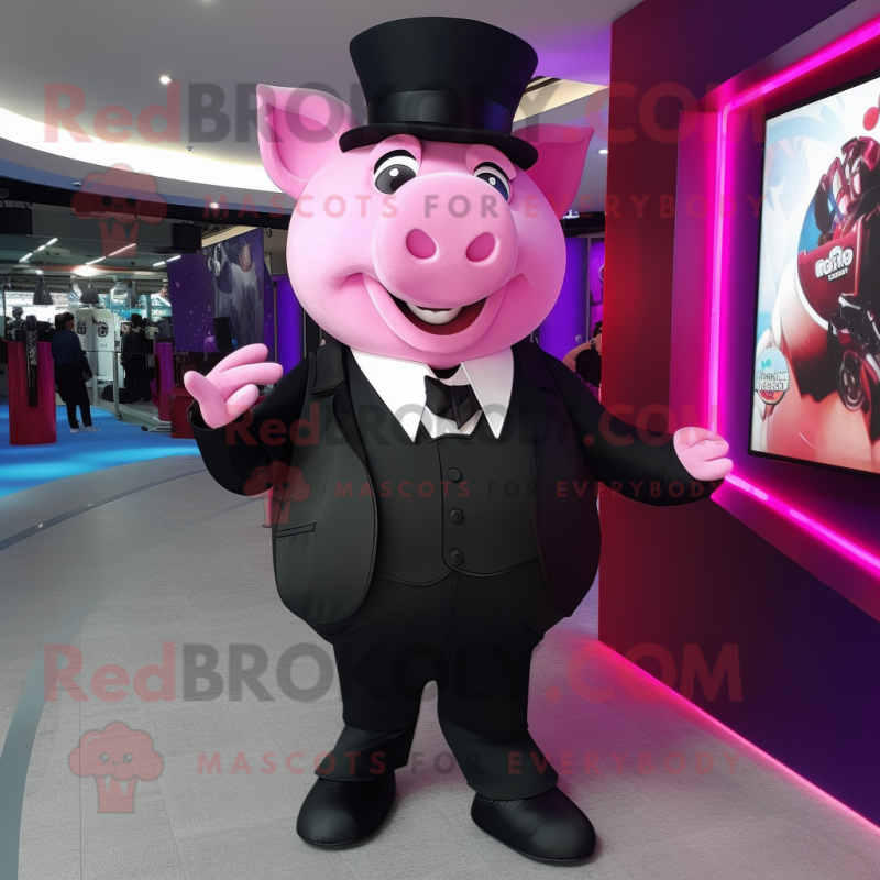 Magenta Pig mascot costume character dressed with a Tuxedo and Shoe laces Magenta Pig mascot costume character dressed with a Tuxedo and Shoe laces