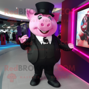 Magenta Pig mascot costume character dressed with a Tuxedo and Shoe laces