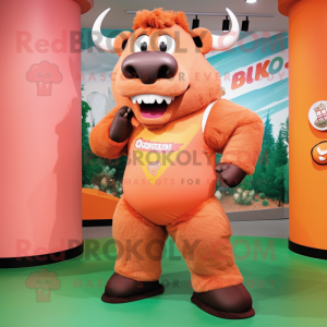 Peach Bison mascot costume character dressed with a Tank Top and Rings